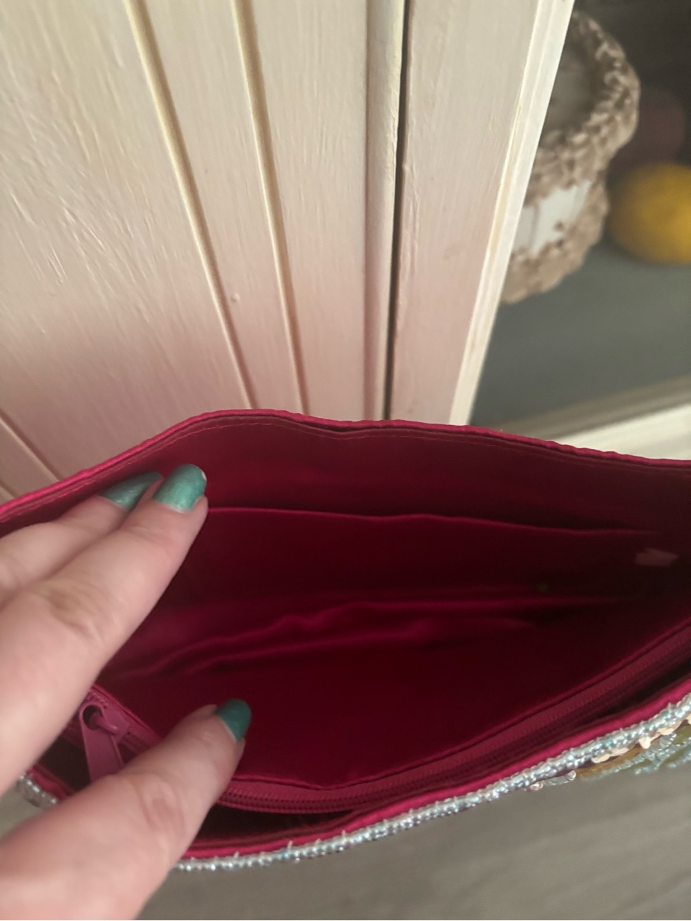 Sequined Patchwork Shoulder Bag  In Raspberry PLUS Gold Coin Purse Final Sale - Picture 7 of 13